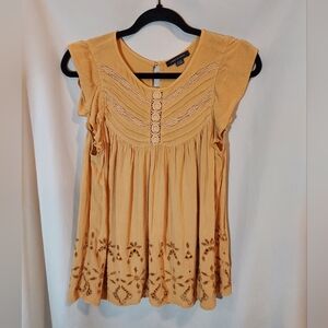 American Eagle Boho Mustard Yellow Babydoll-Style Flutter Sleeve Blouse